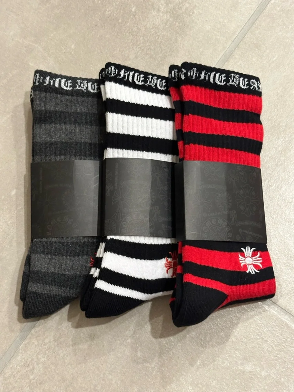 Chrome Hearts 3-Pack Striped Plus Socks Size Large Black White Red NWT